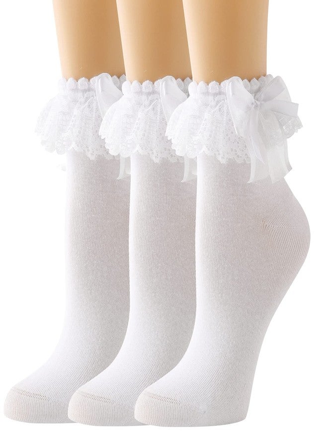 AMHRLINGTO Lace Ruffle Frilly Socks for Women - Lace Ankle Socks with Bow (White-3 Pairs) - Image 1